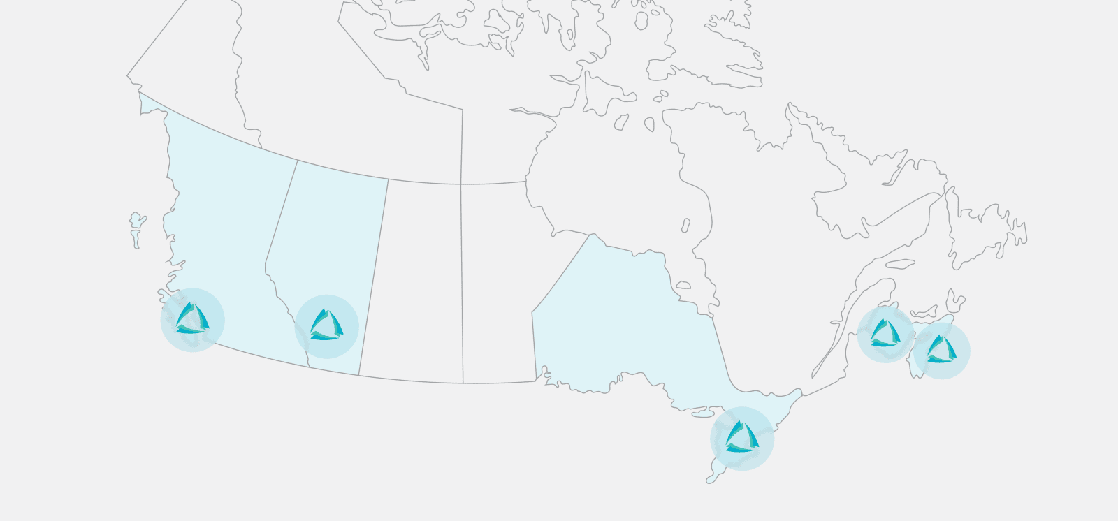 A map of Canada highlighting BC, Alberta, Ontario, New Brunswick and Nova Scotia